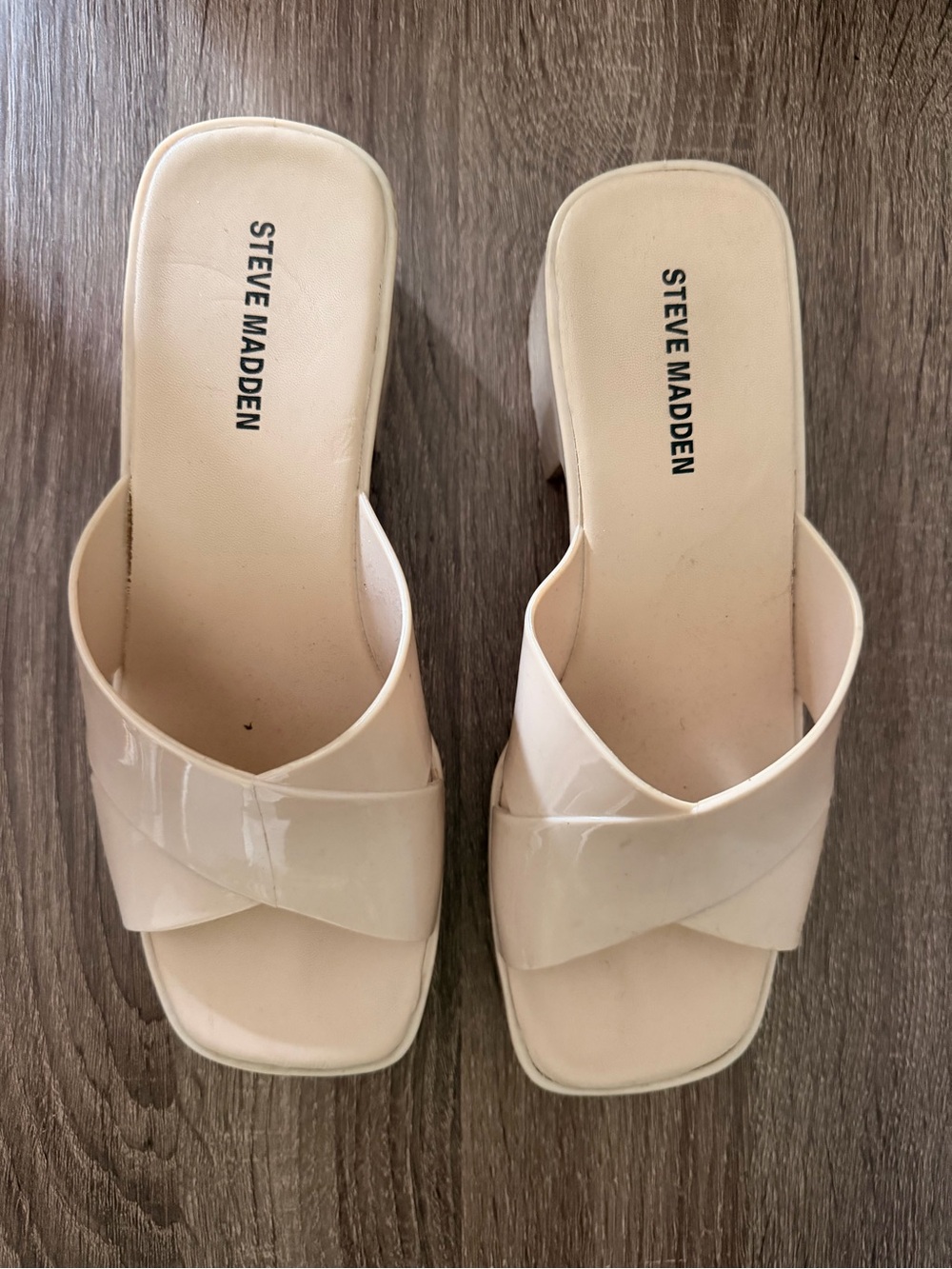 Steve Madden Cream Patent Cross-Strap Slide Mules